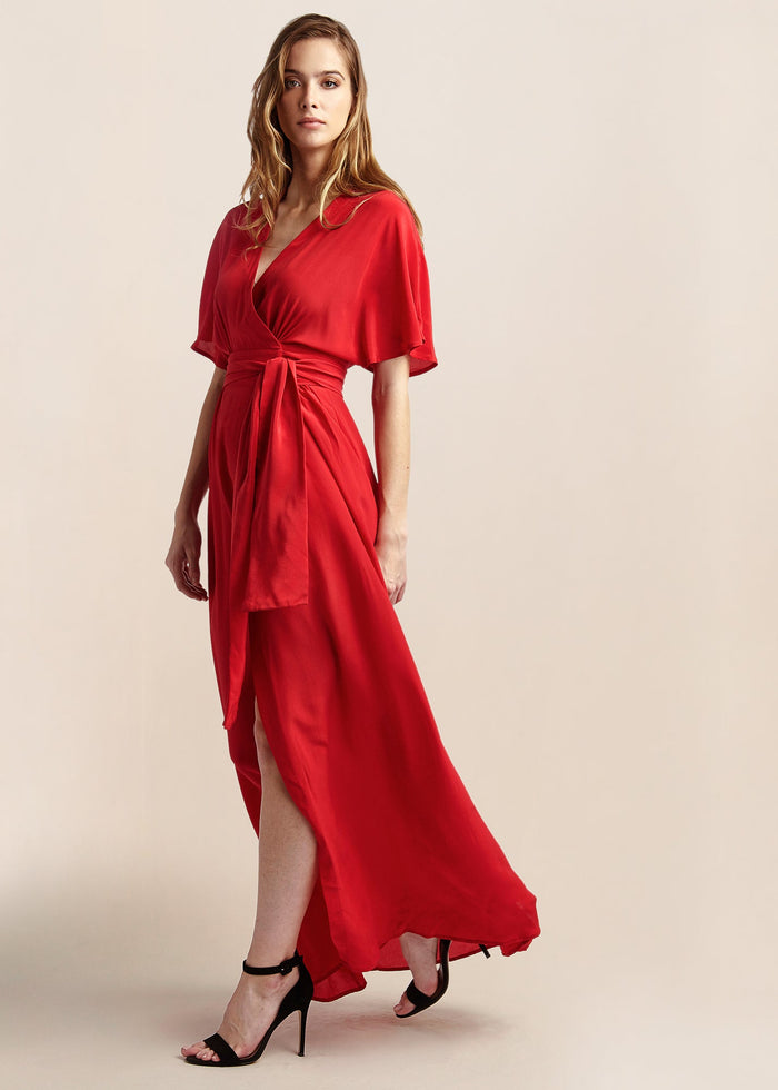 Athena Scarlett Silk Maxi Wrap Dress - MAIMIE LONDON