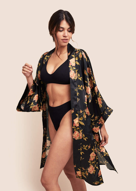 Aira Floral printed mid-length Silk Kimono Robe - MAIMIE LONDON