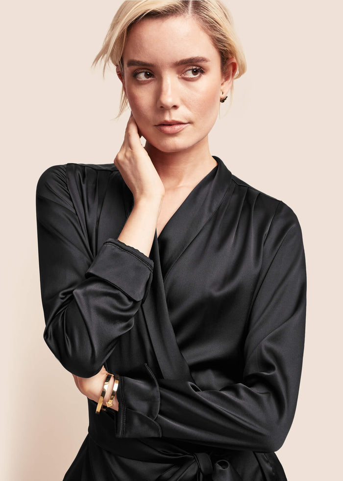 womens Roxy Ebony black Silk wrap Jacket - MAIMIE LONDON