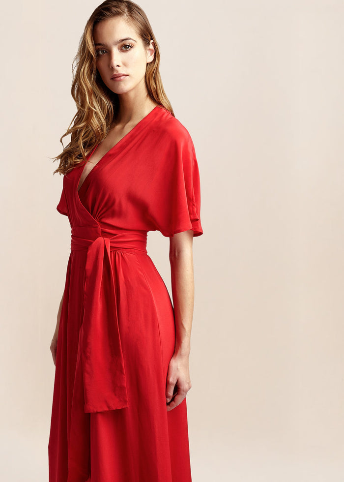 Athena Scarlett Silk Maxi Wrap Dress - MAIMIE LONDON
