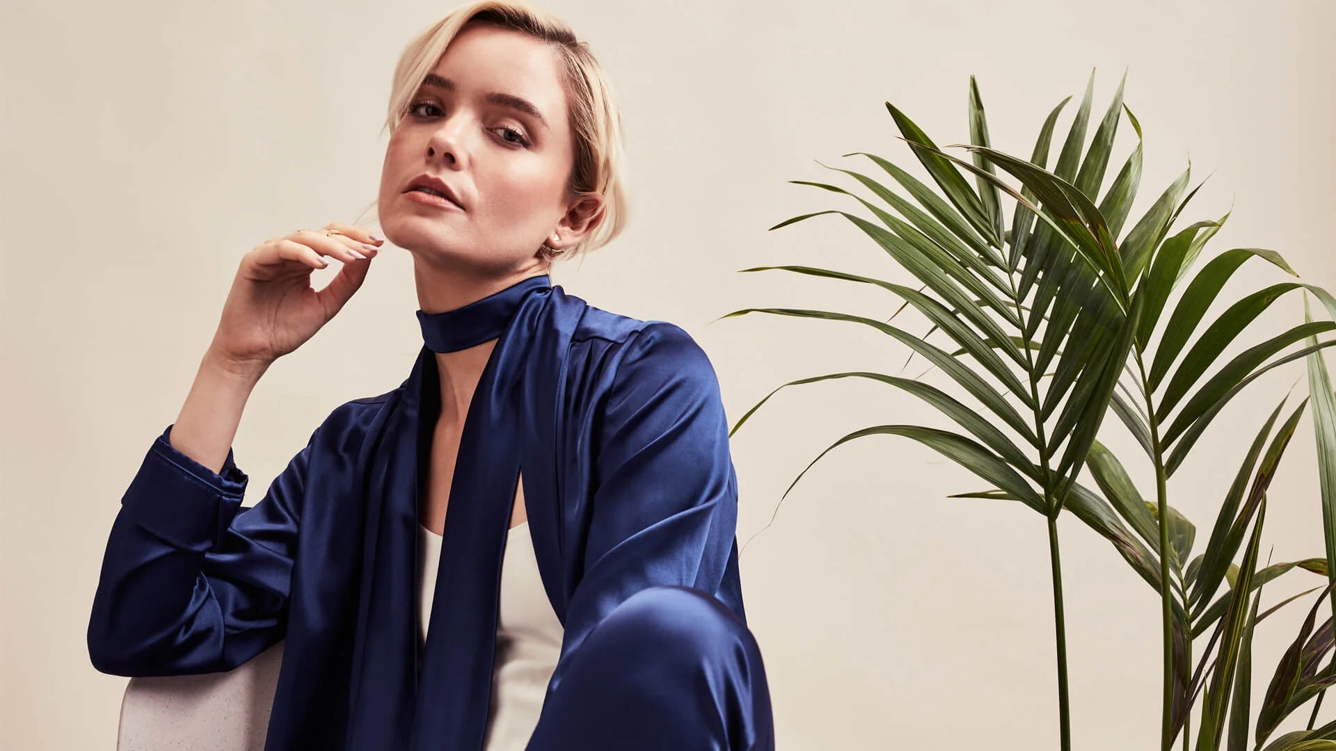 Navy silk satin wrap jacket Maimie London