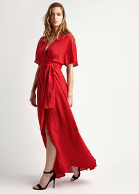 Athena Scarlett Red Silk Maxi Wrap Dress - MAIMIE LONDON