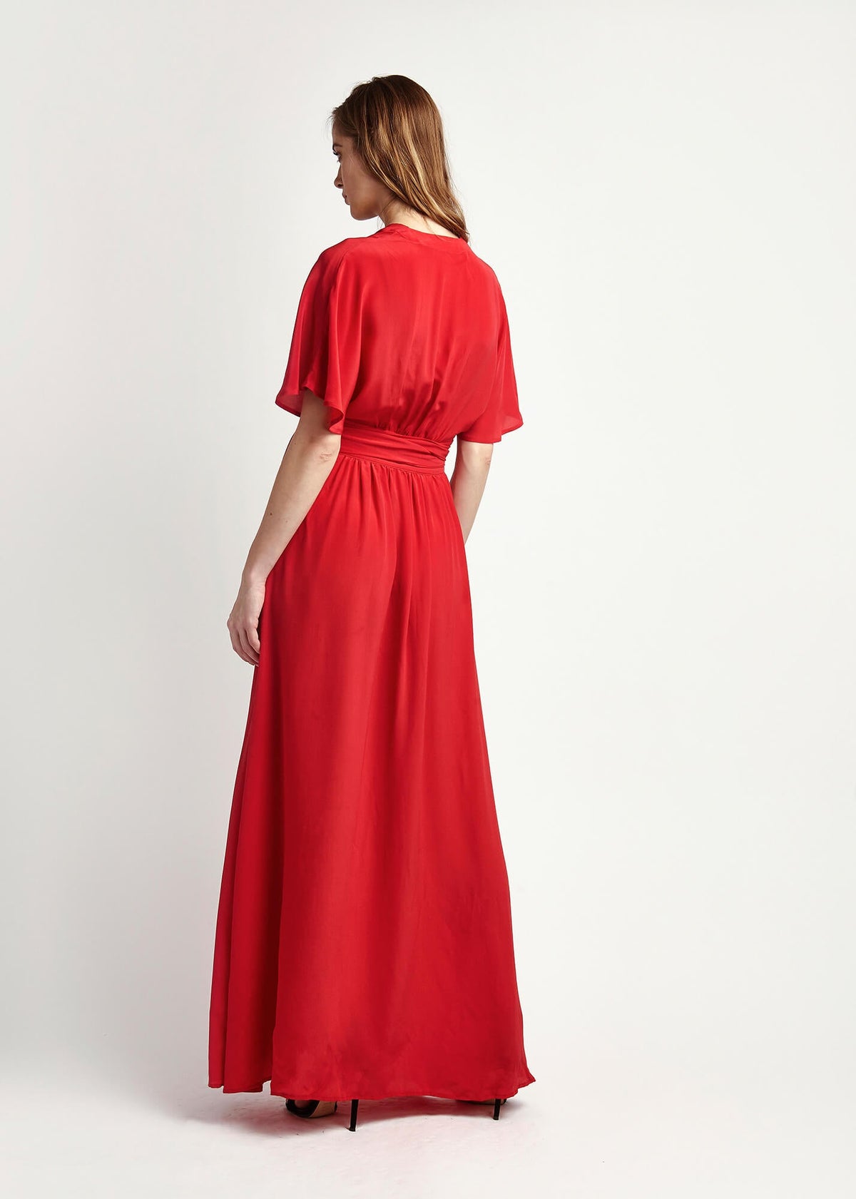 Athena Scarlett Silk Maxi Wrap Dress - back view - MAIMIE LONDON