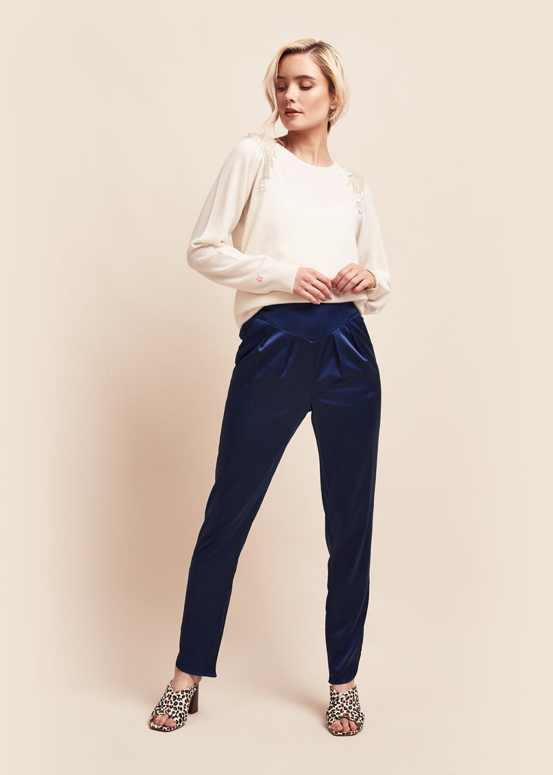 Estella Navy blue & Ivory Silk Satin slim Trousers - MAIMIE LONDON