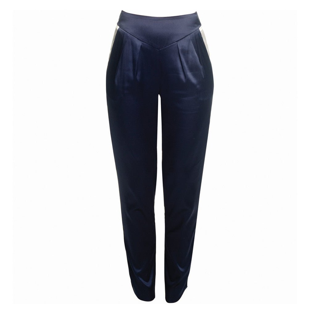 Estella Midnight & Ivory Trim Silk Trouser - MAIMIE LONDON