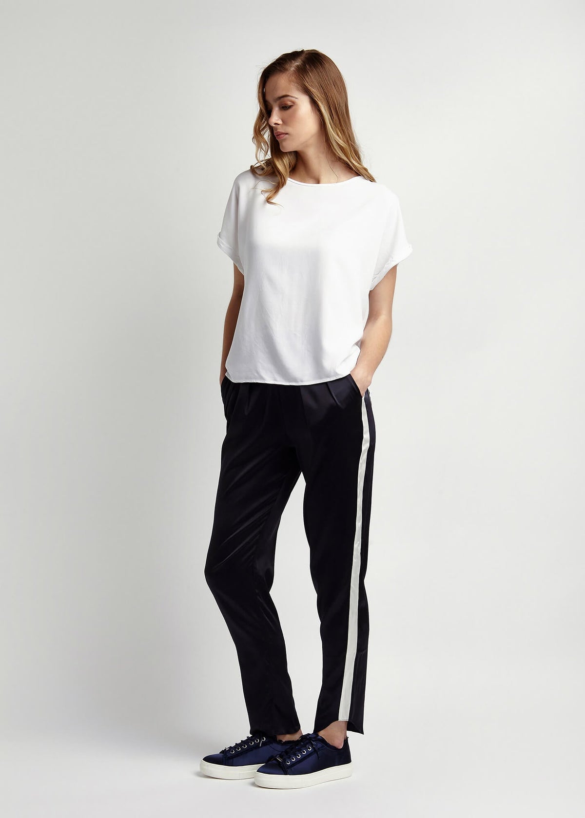 Estella Midnight & Ivory Trim Silk Trouser - MAIMIE LONDON